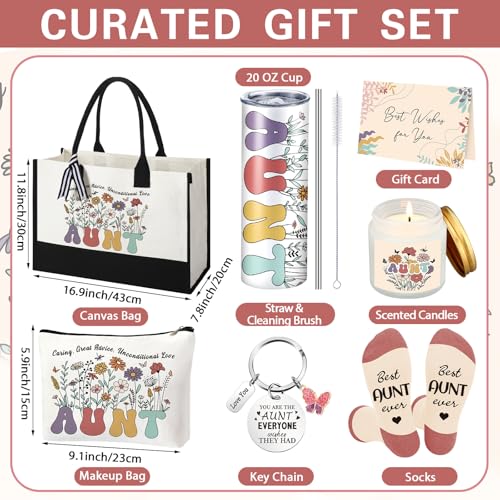 Patelai 7 Pcs Auntie Gifts for Women,Aunt Birthday and Wedding Gift, Best Aunt Ideas Presents Set with 20oz Tumbler Tote Bag Scented Candle Keychain Makeup Pouch Appreciation Gifts from Niece Nephew by Patelai - Used condition - Image 3