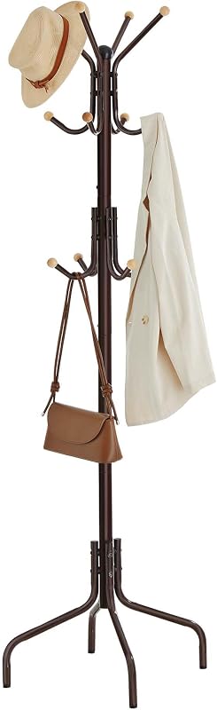 SONGMICS Coat Rack Freestanding, Metal Coat Rack Stand with 12 Hooks and 4 Legs, Holds Clothes, Hats, and Bags, for Entryway, Living Room, Bedroom, Brown URCR031Z01 | Coat Tree, Holds Clothes, Hats, and Bags, for Entryway, Living Room, Bedroom, Walnut Brown, ALAN Collection URCR031Z01