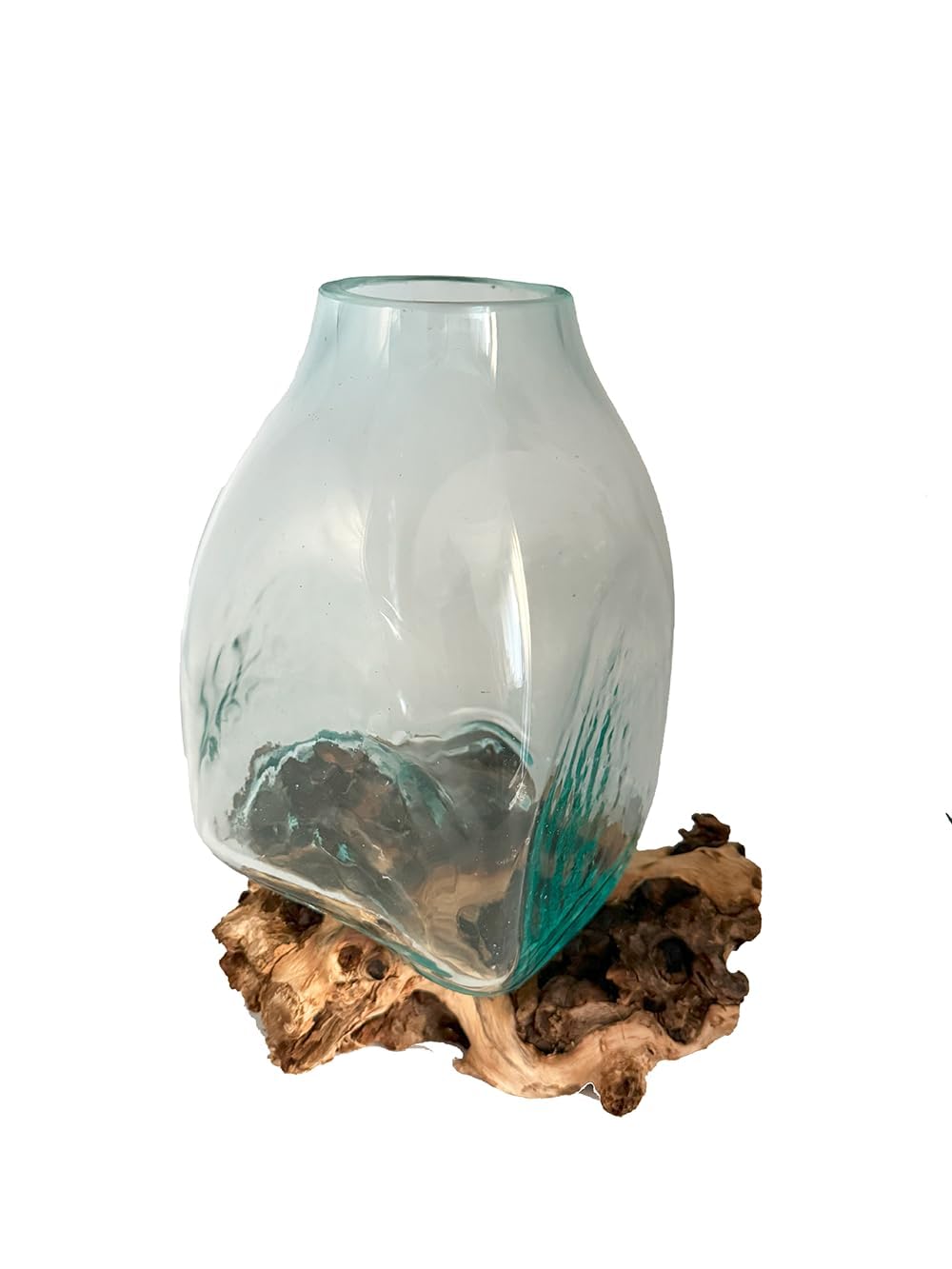 Vase en verre soufflé et bois naturel d'exception fait main pour salon chic