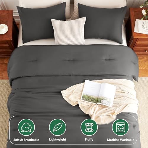 Image of HIMEET King Size Comforter Set, 3 Pieces with 2 Pillowcases, Dark Grey | 270GSM Down Alternative Fill, Oeko-TEX Certified, 8 Corner Ties Quilted, All Season, Fluffy Bed Set, Bedroom Decor Bedding