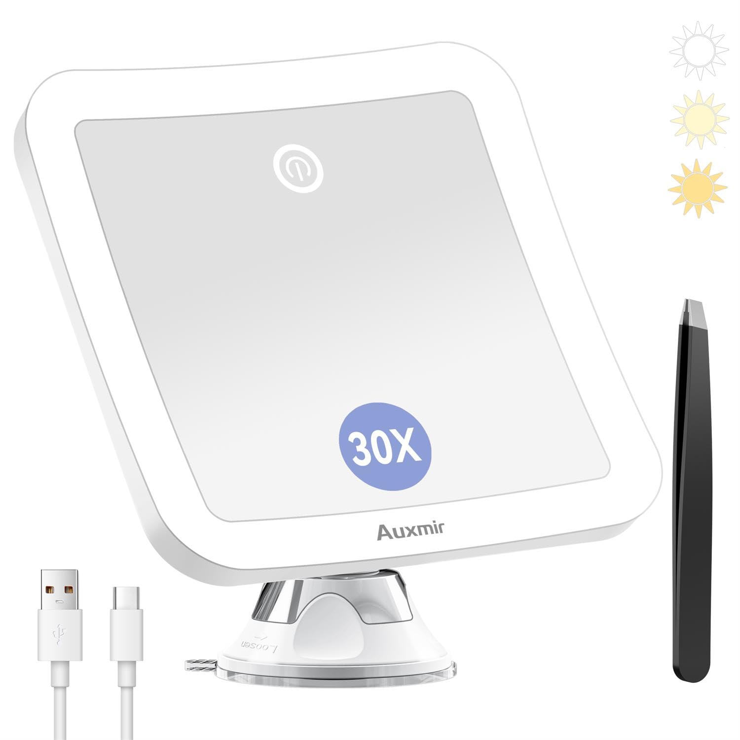 Auxmir Specchio Ingranditore 30X Ricaricabile, Specchio Trucco con 3 Colori di Luce LED, Luminosità Regolabile Ventosa Potente, Specchio Cosmetico da Bagno