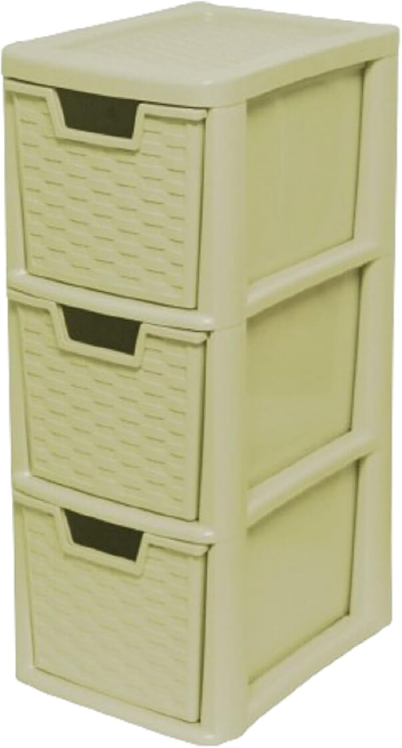 KYY'Z Rattan Effect 3 Drawer Plastic Storage Organizer- Multipurpose Storage Drawer Unit Home Kitchen Office School Garage Bedroom Bathroom Stationery Toys 25Dx19Wx 48Hcm (Cream, 3 Tier)
