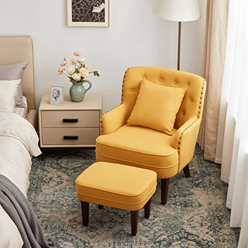 Huimo Accent Chair With Ottoman And Pillow,Comfy Reading Chair For Bedroom,Living Room Club Chair And Ottoman Set With Bronzer Nail Head Trim Wooden Legs, Upholstered Button Tufted Armchair,Yellow #TOP5