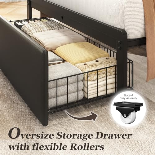 Image of Fluest Twin Bed Frame with Storage Drawer, Upholstered Headboard Button Tufted Bed Frame with Charging Station, No Box Spring Needed, Noise-Free, All Metal Structure, Black