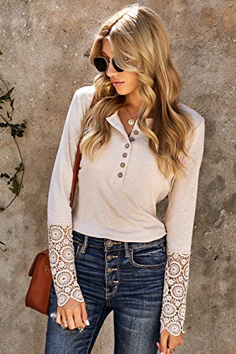 YOUNGSON Camisa feminina manga longa gola redonda cor sólida renda botões canelados camisas Henley s