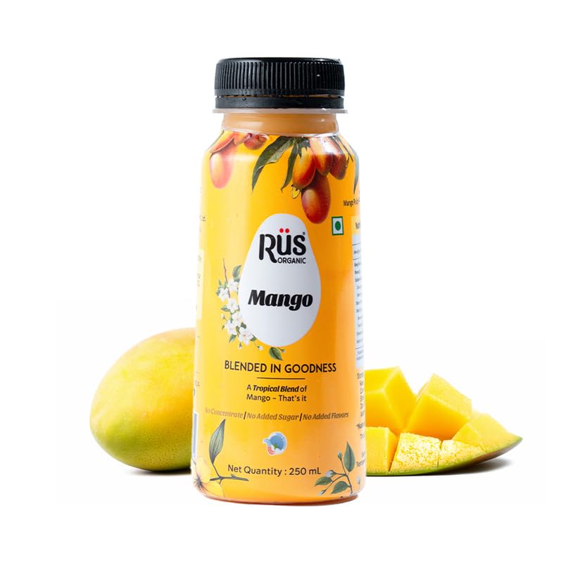 Image of Rus Organic Mango Juice | Natural Fresh Alphonso Mango Fruit Juice | Cold-Pressed | Pack of 8 (250ml Each) | No Added Sugar or Preservatives | Rich in Antioxidants | Refreshing Drink
