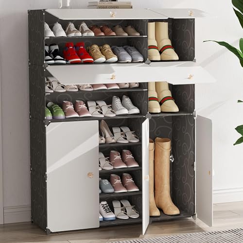 Image of Premium Multipurpose Modular 𝟏𝟐 𝐒𝐇𝐄𝐋𝐅 Plastic Shoe Rack for Home with 7 Door | Stackable Organizer | Waterproof & Dustproof | Space Saving Storage for Home, Bedroom & Entryway - Black