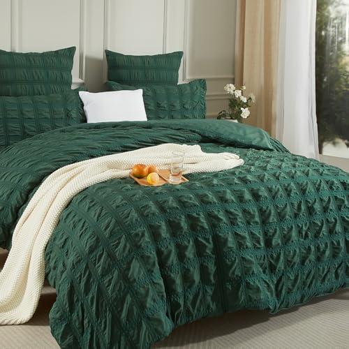 Luofanfei Seersucker Housse de Couette Vert Foncé 220x240 Unie a Carreaux Rayés Parure de Lit 2 Personnes Adulte en Microfibre Uni Parure Housse Couette zippée avec 2 Taies d'oreiller 65x65