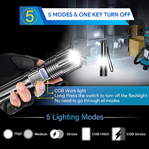 Led Tactical Flashlights Rechargeable High Lumen,10000 Lumens Rechargeable Pocket Flashlight With Cob Worklight, Zoomable, Ipx5 Waterproof, 5 Modes Handheld Flashlight For Camping Gear, Emergency #TOP4