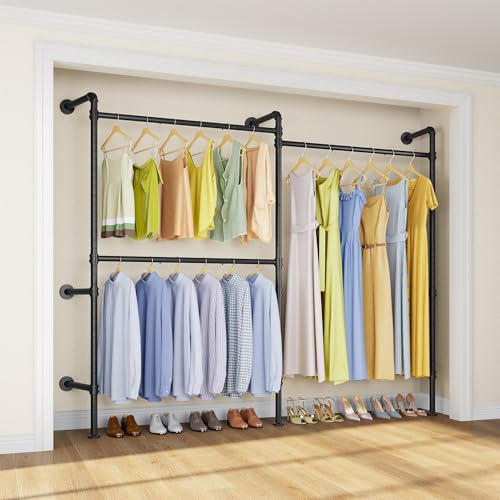 Timate P2 Industrial Pipe Clothes Rack, Wall Mounted Open Closet System with 3 Hanging Rods...