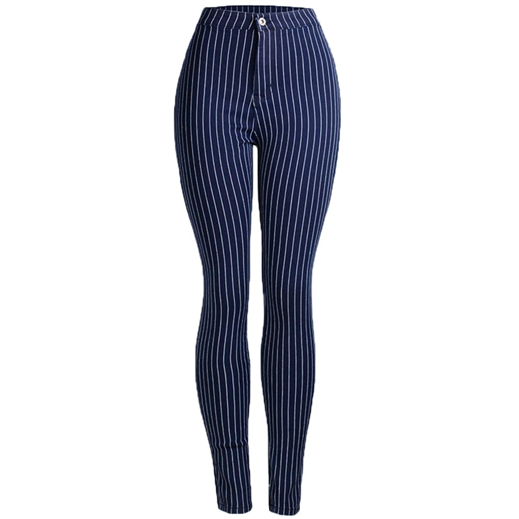 Dninmim Damen Elastische Sexy Gestreifte Leggings Frühling Herbst Bleistifthose, blau, XL
