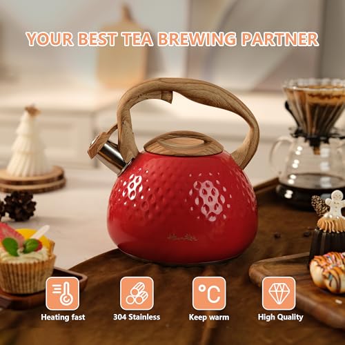 harriet Tea Kettle, Tea Pot for Stovetop, 2.5QT Whistling Kettle with 5-Layers bottom, Food Grade Stainless Steel Kettles with Hot-Resistant Handle Gas Electric Applicable, Red