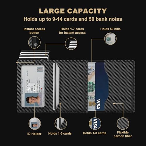 Image of Mens Pop Up Wallet for AirTag: Premium Genuine Leather, RFID Blocking, Smart, Minimalist, 9-14 Card Capacity, ID Window, Cash Slot (Carbon Fiber 2)