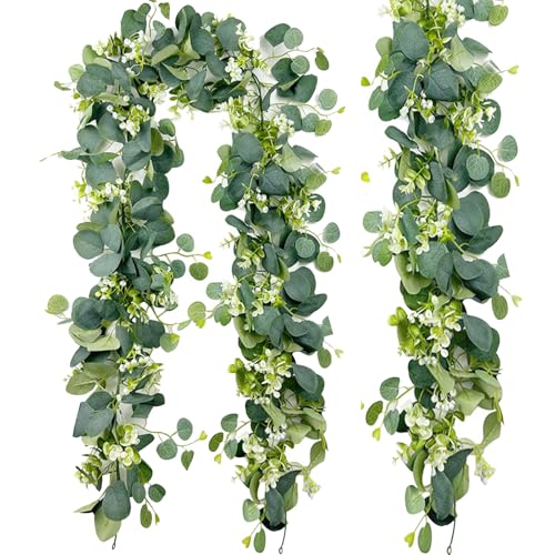 NEUSID 2PCS Artificial Eucalyptus Garland, 5.8 FT Realistic Leaves and Ginkgo Mixed Hanging Plants Vines Faux Greenery Garland for Wedding Party Bedroom Home Decoration