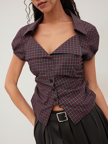 CIDER Plaid Shirt Women Button Down Fitted Crop Top Short Sleeve Checks Blouse Collared Neck Preppy Slim Fit2