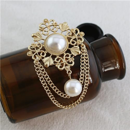 Vintage Round Pearl Filigree Flower Chain Tassel Brooches Lapel Pins for Women Girls Party Dance Banquet Dainty Boho Gold Dangle Drop Pin Dress Suit Clothes Accessories Jewelry4