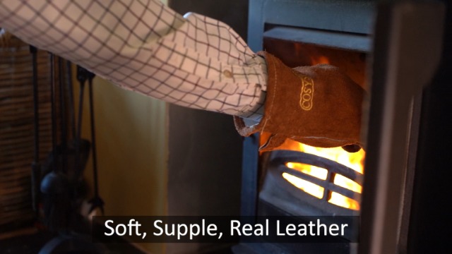 Genuine Full Leather Heavy Duty Heat Resistant Gloves for Woodburner, Multi-Fuel Stoves Heavy Duty Safety Gauntlet Also for BBQs Pizza Ovens