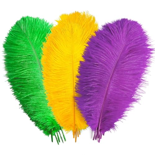 Piokio 36 pcs Mardi Gras Ostrich Feathers 10-12 inch(25-30 cm) Bulk for Mardi Gras DIY Clothing and Accessories Masquerade Party Decorations Table Centerpiece(Gold Green Purple)