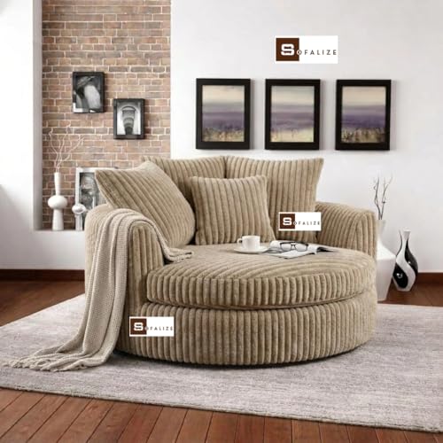 Image of SOFALIZE - Modern Barrel Accent with Pillows Round Sofa Combines Contemporary Design Oversize Arm Chair Cozy Club Chair for Bedroom, Living Room, Lounge, Hotel & Office, Hallways Sofa (Ivory)