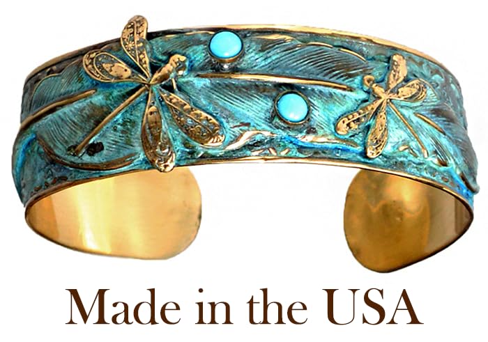 Elaine Coyne Patina Dragonflies on Feather Wearable Art Cuff Bracelet with Turquoise3