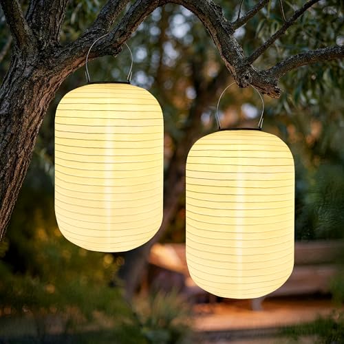 iShabao Solar Lampions Außen Wetterfest, 2 Stück 20cm Solarlampen für Außen Hängend, IP65 Wasserdicht Solarlaterne Nylon Warmweiß LED Solar Laternen für Draußen Garten Balkon Terrassen Party Deko