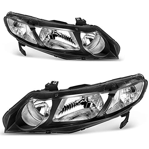 Image of oEdRo Headlight Assemblies Compatible with 06 07 08 09 10 11 Civic 4 Door Sedan Headlamps Black Housing Clear Reflector - Passenger and Driver Side