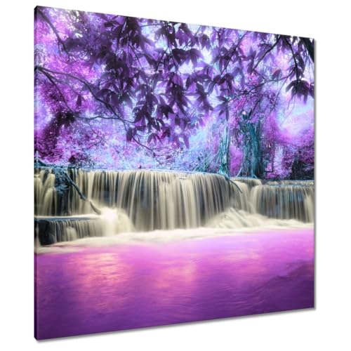Peinture cascade violette grand format 90x90 cm sur toile tendue de haute qualité