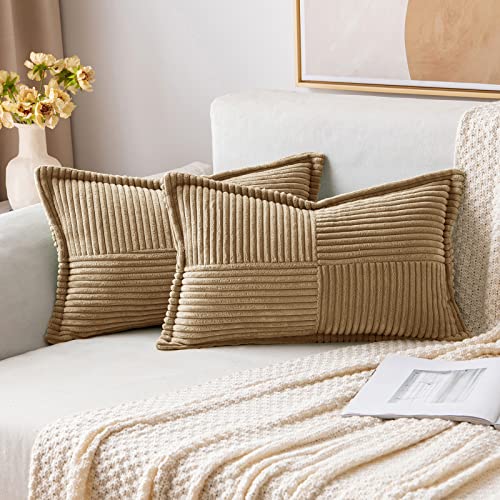 Image of MIULEE Decorative Lumbar Throw Pillow Covers for Couch Bed Livingroom 12x20 Inch Set of 2 Khaki Boho Accent Throw Pllows Broadside Striped Patchwork Soft Corduroy Pillowcases