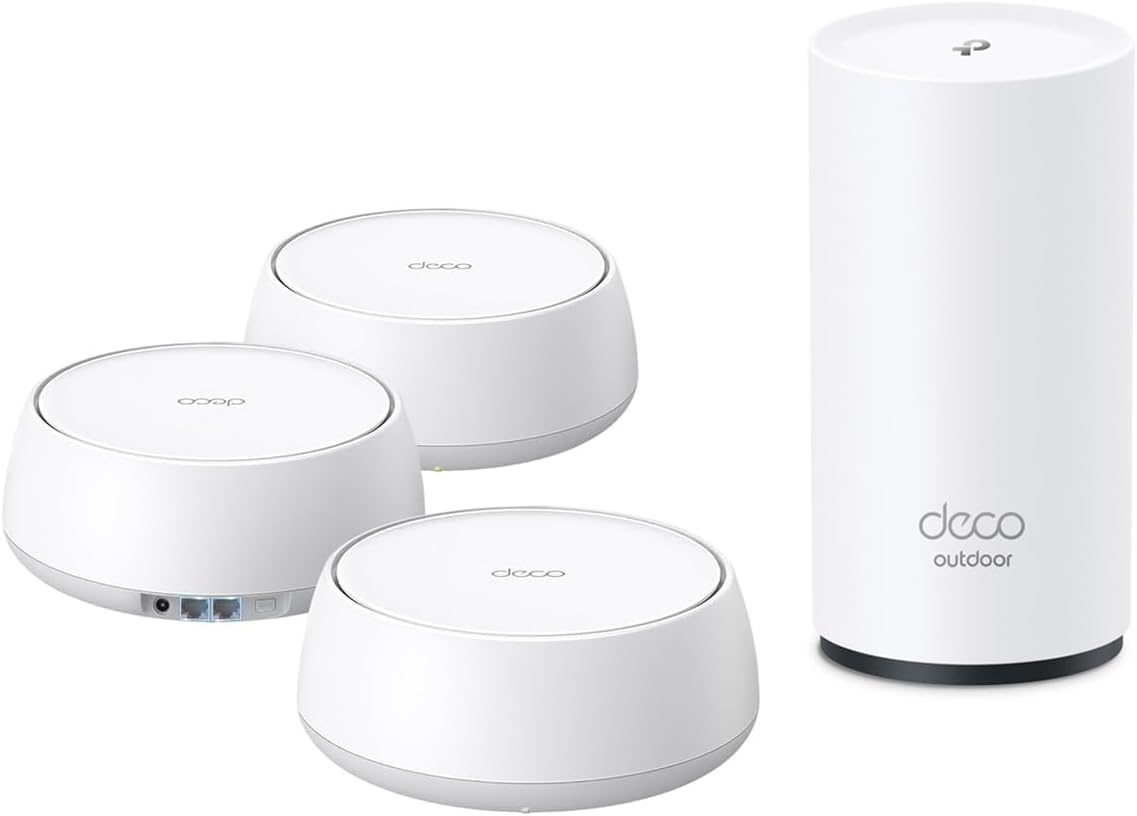 TP-Link Deco 7 Mesh Bundle - 3X BE5000 Dual-Band Indoor Units + 1x BE5000 Outdoor Unit, Covers up to 9,000 sq. ft., 2.5G Wired Backhaul, PoE+, IP65, Homeshield - BE25 (3-Pack) + BE25 Outdoor
