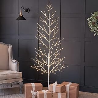 Christow White Twig Tree With Lights 6ft, Light Up Outdoor Christmas Tree, Pre Lit Indoor Birch, Warm White Micro LED, Mains Operated (384 LED)