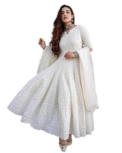 Clickedia Womens Girls Beautiful Cotton Chikankari with Sequins Long Anarkali Kurti Gown with Dupatta