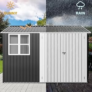 DWVO 10' x 10' Outdoor Storage Shed, Waterproof Metal Garden Shed with Windows, Lockable Doors, and Sloped Roof for Patio, Backyard, Lawn, Tool Storage, Bike Shed, Pet Shelter (Gray + White) DWVO 10 x 10 Outdoor Storage Shed Waterproof Metal Garden Shed with Windows Lockable Doors and Sloped Roof for Patio Backyard Lawn Tool Storage Bike Shed Pet Shelter Gray White