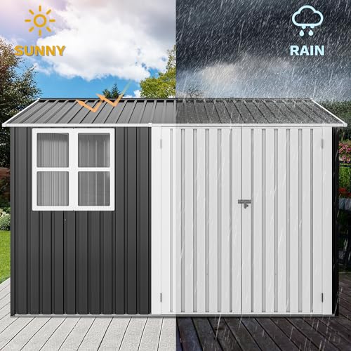 DWVO-10-x-10-Outdoor-Storage-Shed-Waterproof-Metal-Garden-Shed-with-Windows-Lockable-Doors-and-Sloped-Roof-for-Patio-Backyard-Lawn-Tool-Storage-Bike-Shed-Pet-Shelter-Gray-White DWVO 10 x 10 Outdoor Storage Shed Waterproof Metal Garden Shed with Windows Lockable Doors and Sloped Roof for Patio Backyard Lawn Tool Storage Bike Shed Pet Shelter Gray White