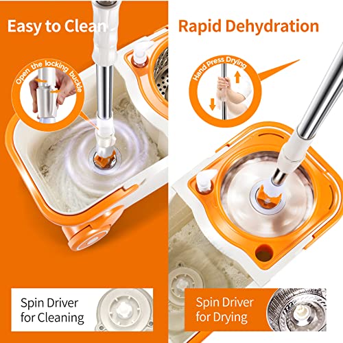 Znm Spin Mop And Bucket With Wringer Set On Wheels, Floor Mops With 3 Microfiber Mop Refills 47.24" Telescopic Handle, Mop Buckets Separate Clean And Dirty Water, Easy Cleaning Mop & Bucket System #TOP2