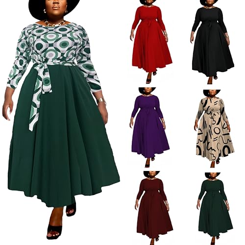 Image of Hostoyo Women Plus Size Formal A Line Maxi Dress Self Tie Waist with Pockets Elegant Round Neck Swing Long Dresses