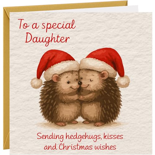 Christmas Card For Daughter Christmas Greetings Card To Daughter Cute Hedgehog Design Hammered 350gsm Card with Gold Envelope