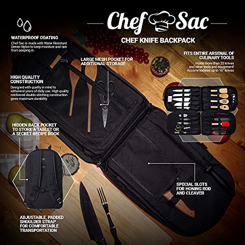 Chef Knife Bag Folding Knife Bag | 20+ Pockets For Knives & Kitchen Tools | Large Pocket For Tablet & Notebooks | 500D Fortified Nylon | Knife Backpack For Chefs & Culinary Enthusiasts (Black) #TOP2