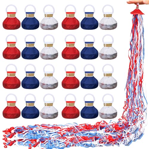 Soulchen 24 Pack 4th of July No Mess Confetti Popper Hand Throw Streamer Popper Bulk Red Blue White Confetti for Independence Day Patriotic Party Celebration Supplies Decorations