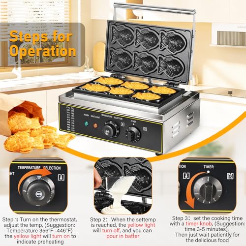 Yingyunvo Commercial Taiyaki Fish Waffle Maker, 1550W Electric Countertop Taiyaki Machine with Non-Stick Plates and Adjustable Thermostat (122°F-572°F) Makes 6 Mini Waffles 120V for Restaurant & Home