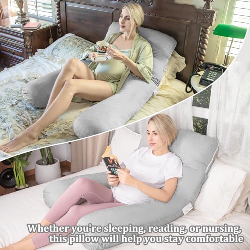 Image of Chilling Home Pregnancy Pillow, 55in Pregnancy Pillows for Sleeping, U Shape Body Pillows for Adults, Maternity Pillow for Pregnant Women, with Grey Jersey Cotton Removable Cover