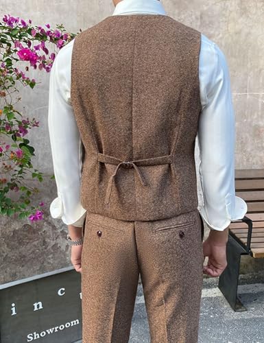 2 Pieces Men's Tweed Herringbone Suit Slim Fit Solid Vest Pants Sets Casual Formal Wedding Party4