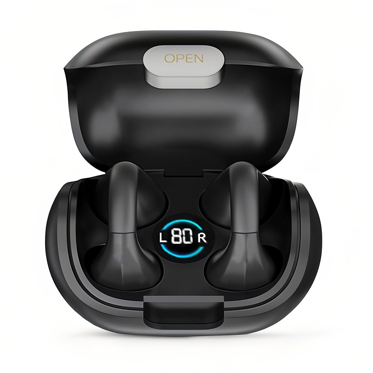 H'MASTON RS-46 Bone Conduction Wireless Headset in black charging case with LED display showing L80R