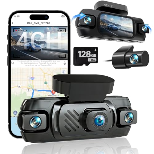 4K 3 Channel Dash Cam Front and Rear with Cabin, 4K+1080P+1080P Dash Camera for Cars, Free 128GB Card Included, Dash Cam with Night Vision, WiFi, GPS, APP Control, Parking Monitor, Loop Recording