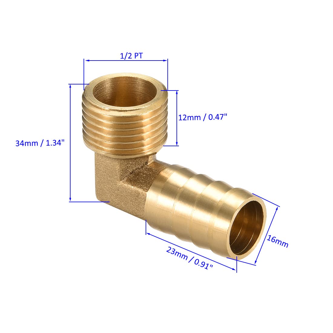 M METERXITY Brass Hose Barb Fittings - 90 Degree Elbow Brass 16mm Barbed Reducer Apply to Water Fuel (1/2 PT Male Pipe) - Image 3