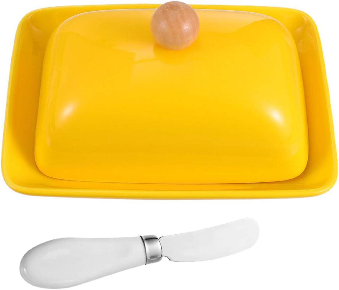 Ceramic Butter Dish with Lid and Cutter, Yellow Butter Holder Tray for Kitchen and Dining, Household Cheese Box for Serving and Storage