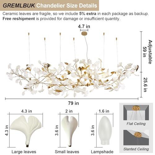 Image of Tree Branch Chandelier, L79 Inch Ginkgo Leaf Chandeliers Brass Chandelier Pendant Light Fixtures for Dining Room Living Room Kitchen Island, 16-Light