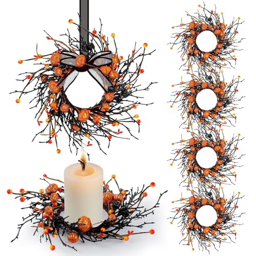 Image of 6 PCS Halloween Candle Rings Wreaths Black Orange Berries & Pumpkin Candle Rings Mini Wreath 3.5 Inch Center for Pillar Candle Halloween Fall Thanksgiving Party Home Table Indoor Decorations