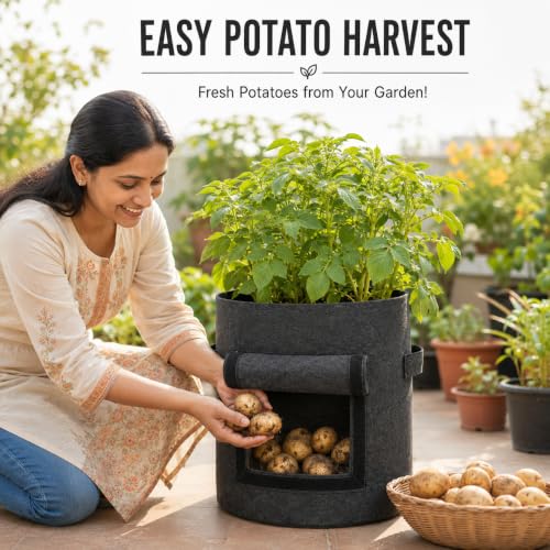 Image of Casa De Amor 15x12 Inch Potato Grow Bags for Root Vegetables, Geo Fabric 400 GSM Plant Bag (Dark Grey Color, Pack of 1)