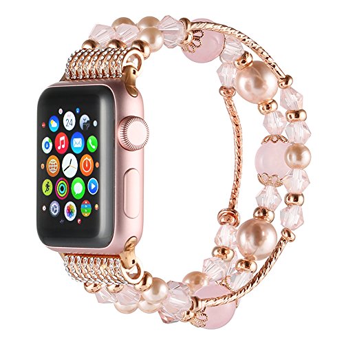 Simpeak Beaded Band Compatible With Apple Watch 41Mm 40Mm 38Mm, Handmade Beaded Elastic Women Bracelet Replacement For Iwatch Series 8 7 6 Se 5 4 3 2 1, Fixed Size 5.7-6.9, Rose Pink #TOP1