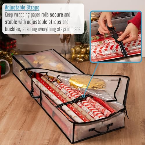 VENO Clear Wrapping Paper Organizer Storage Box for Christmas Gift Bags and Holiday Accessories, Underbed Storage Container with Interior Pockets, 40 Inches Long Fits 24 Rolls by VENO - Image 2